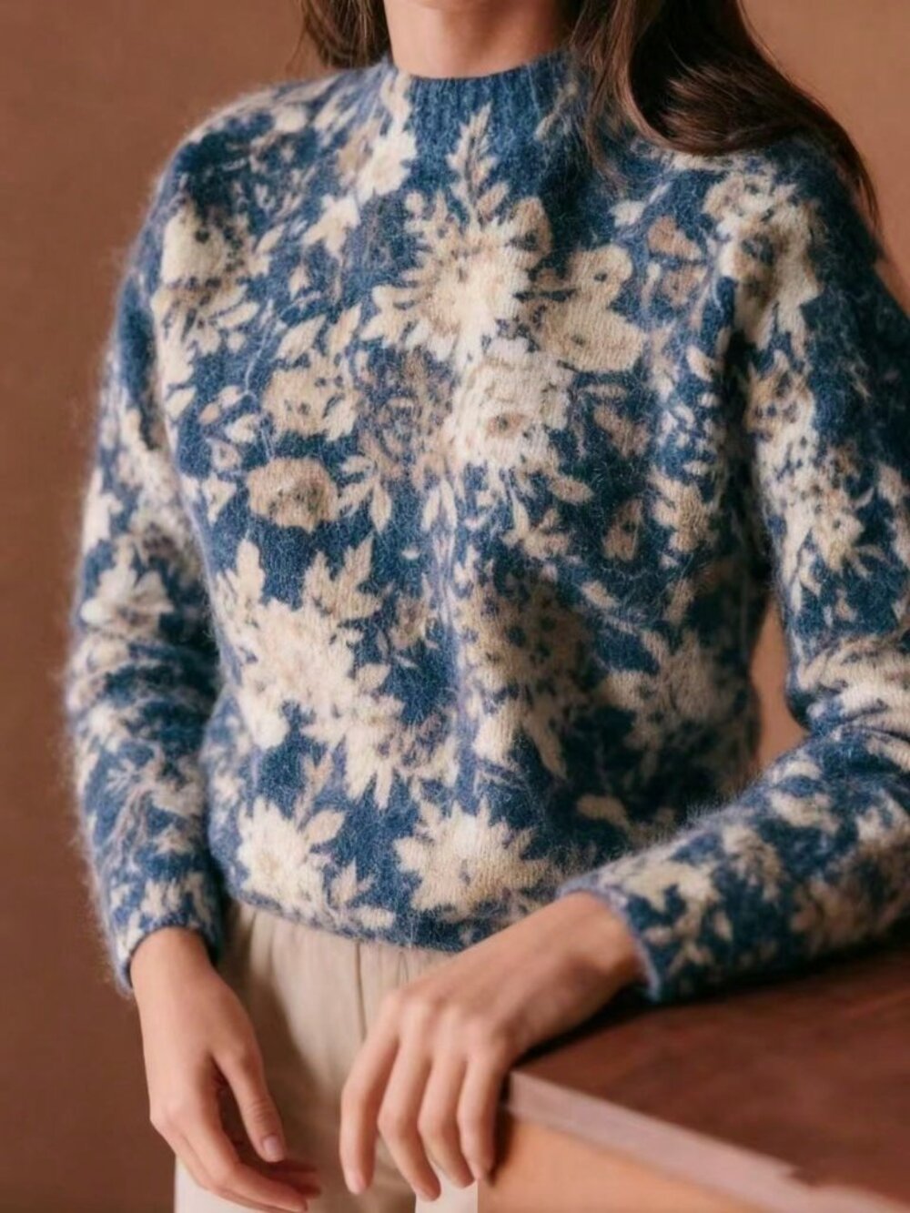 Blue Casual Women's Floral Print Round Neck Pullover Sweater